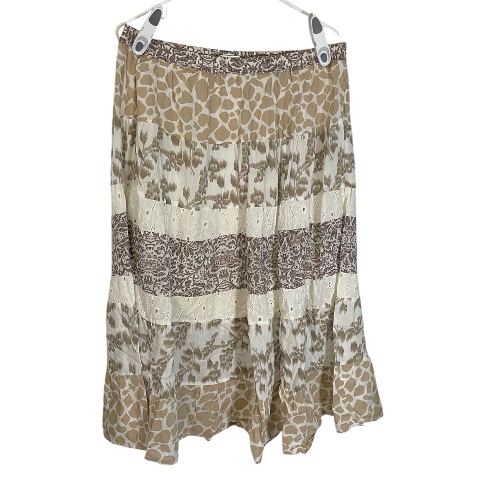 Kim Rogers PL Tan Animal Print Tiered Midi Skirt Eyelet Lace Boho Cottagecore